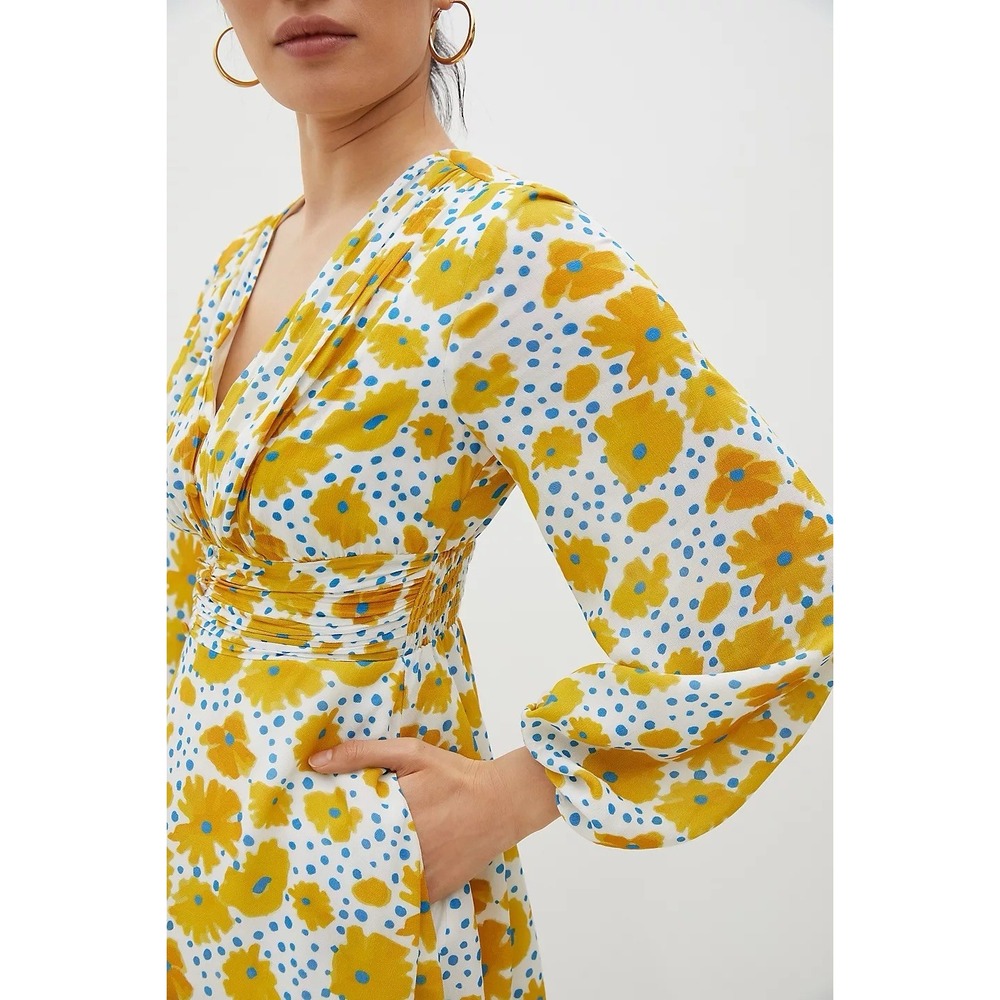 Anthropologie Vera Buttercup Dress Small White Yellow Flower Print Ruched Waist - Picture 3 of 10